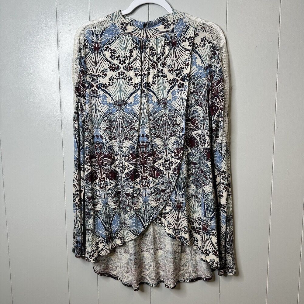 Free People Size Large Nouveau Blouse Blue Boho Top Keyhole Back Lace Faux Wrap